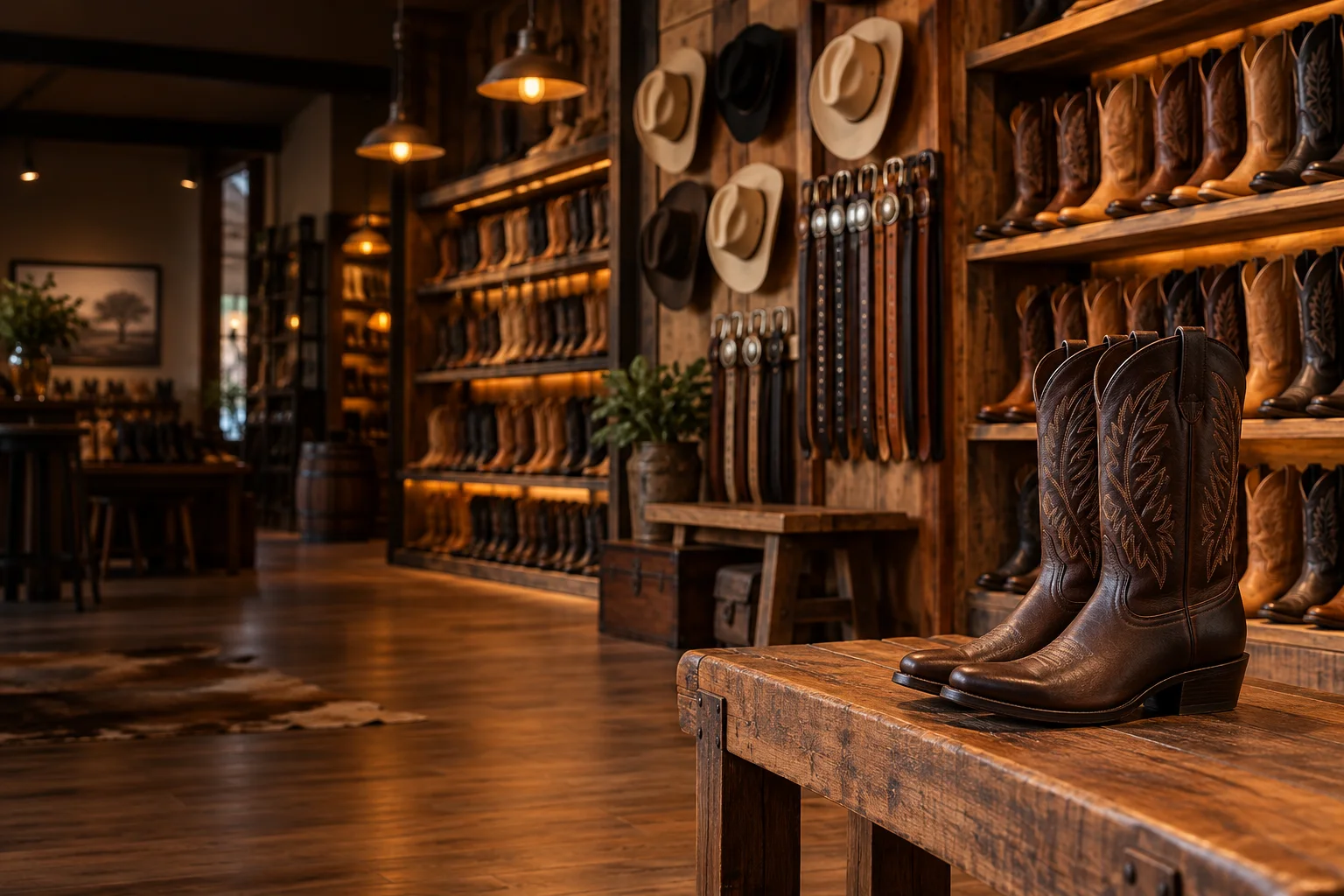 Interior da loja Mundo Country com botas e chapéus nas prateleiras