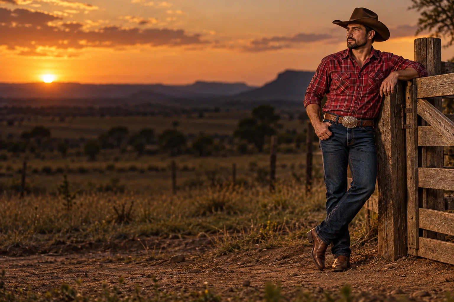 Rapaz de chapéu de feltro, camisa xadrez e bota texana na loja